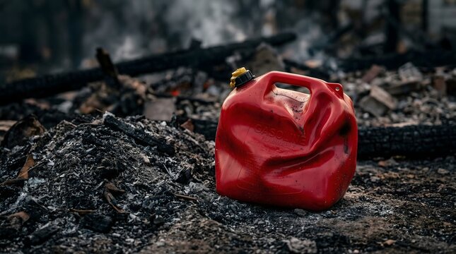 A warped red fuel canister stands as a haunting sentinel amidst the smoldering ash, embodying the spark of ruin that reduced a once-vibrant structure to charred whispers