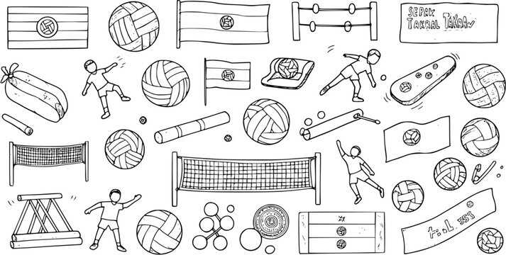 Sepak Takraw Doodle Set: Traditional Southeast Asian Sport Illustration