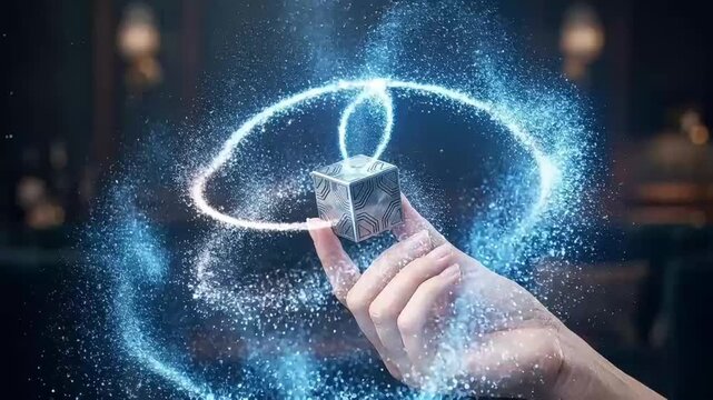 Close up of fingers holding glowing tech cube with blue light ring
