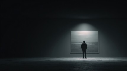 Obraz premium Solitary figure stares at a monochrome sea painting in a spotlighted, empty room