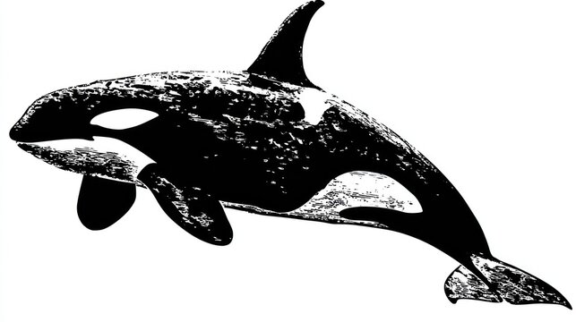Black and white drawing of a killer whale swimming, dorsal fin displayed prominently
