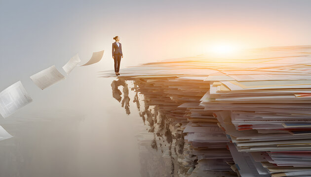 Businesswoman standing on edge of giant paper cliff paperwork concept