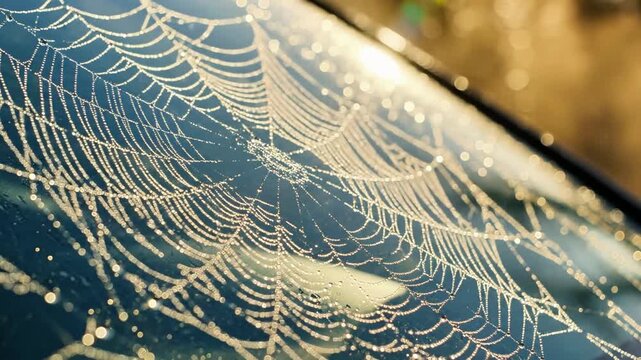 A detailed close-up view of an intricate spider web on a glass surface