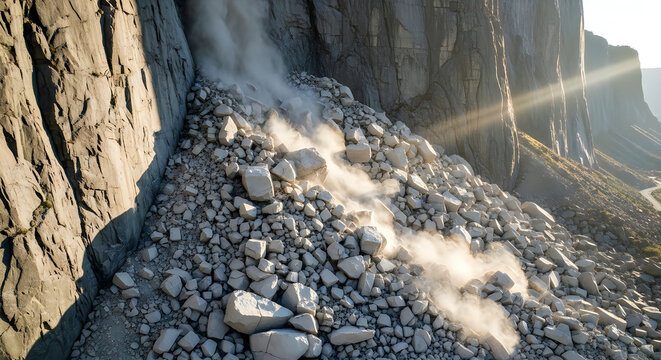 A rocky landslide or rockfall with smoke or dust on a steep slope with sun rays shining through