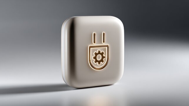 3D rendering of rounded beige square with plug and gear on metallic gray surface