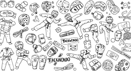 Fototapeta premium Taekwondo Martial Arts Hand-drawn Doodle Illustration. Outline Vector Collection of Training Equipment, Uniforms, Belts, and Cartoon Characters Practicing.