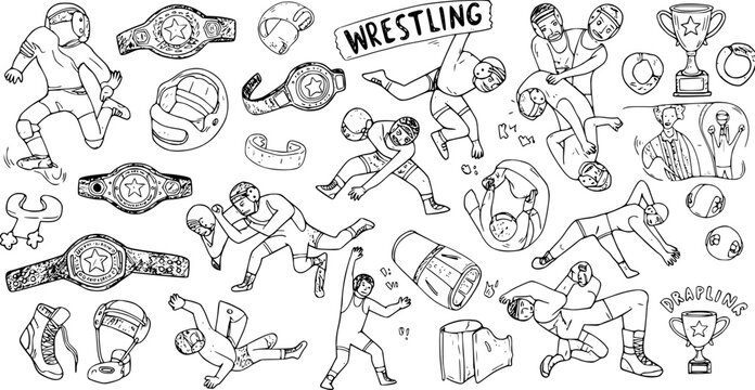 Hand drawn wrestling doodles set with athletes in action, championship belts, trophies, and protective headgear.