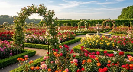 Obraz premium A vibrant, colorful garden with a variety of flowers, including roses, daisies, and dahlias, arranged in a symmetrical pattern with a fountain and a decorative archway in the foreground.