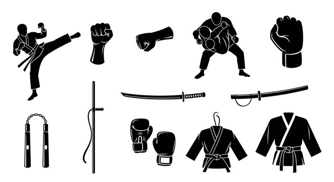 Black and white illustration of various martial arts poses, equipment, and attire