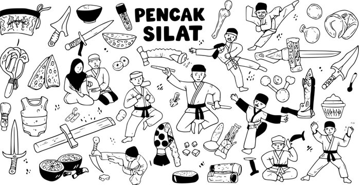 Pencak Silat Doodle Set: Hand-drawn illustrations of Indonesian martial arts, featuring practitioners, traditional weapons, uniforms, and cultural items.