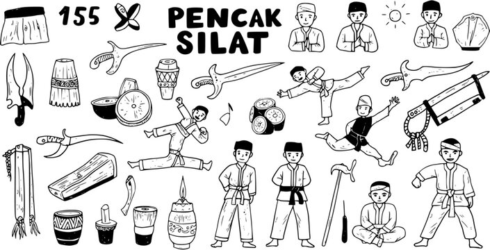 Hand-drawn doodle set of Pencak Silat martial art: fighters in various stances, traditional weapons like keris and golok, and cultural instruments, representing Indonesian and Malay heritage.