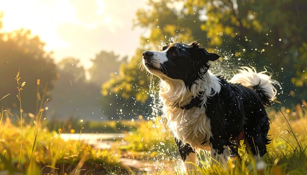 A dog shakes off water in a sunny meadow