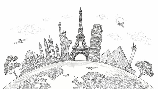 Global landmarks illustrated on a world map with famous buildings and monuments