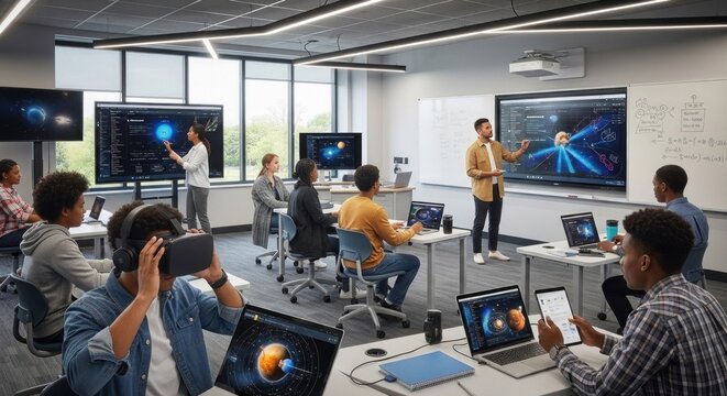 A group of students in a classroom, using Microsoft Surface Hub 2X devices for a virtual reality lesson.