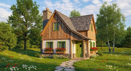Obraz premium A quaint, rustic cottage with a green roof and wooden siding, surrounded by a lush garden with blooming flowers and greenery, under a clear blue sky with a few clouds.