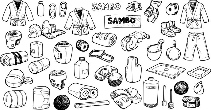 Sambo Martial Arts Gear: Vector Doodle Illustration of Uniforms, Protective Equipment  Accessories