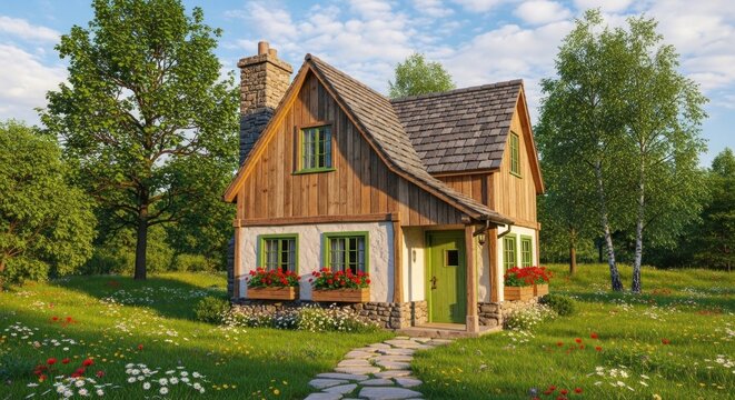 A quaint, rustic cottage with a green roof and wooden siding, surrounded by a lush garden with blooming flowers and greenery, under a clear blue sky with a few clouds.