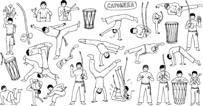 Hand-drawn Capoeira illustration: dynamic martial arts poses, acrobatic movements, players with traditional instruments like berimbaus and drums. Brazilian cultural art.