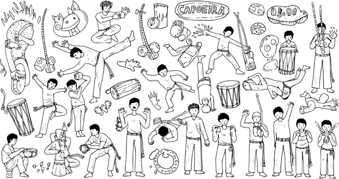 Capoeira: Intricate Black and White Doodle Illustration of Brazilian Martial Art, Music, and Cultural Elements