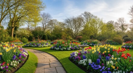 Obraz premium A vibrant garden scene with a path leading through colorful flower beds and a fountain in the center, surrounded by lush greenery and trees.