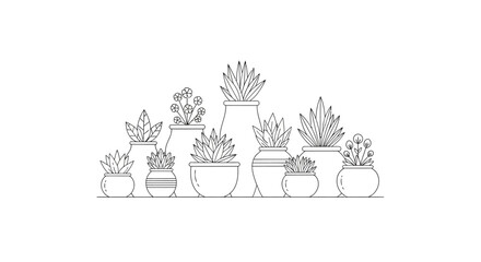 Fototapeta premium Line art illustration of various potted succulent plants in different containers.