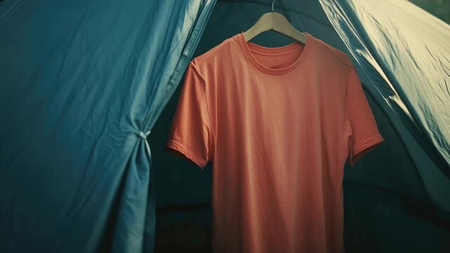 Orange t-shirt hanging inside entrance of blue tent