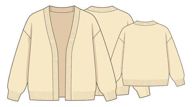 Fashion illustration of a cream-colored knitted cardigan shown from the front and back.