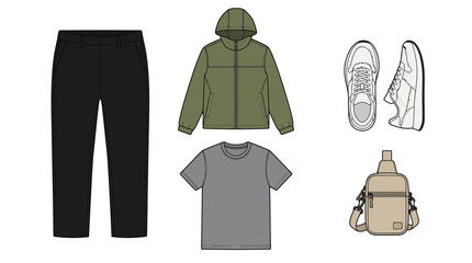 Naklejka premium Flat lay illustration of casual men's clothing and accessories, including pants, t-shirt, jacket, sneakers, and bag.
