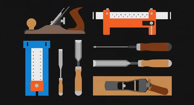 Flat lay of carpentry tools plane, caliper, gauge, chisels, screwdrivers, on dark