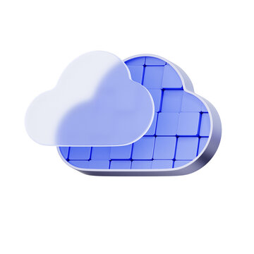 3D illustration of cloud shape with grid blocks for block storage, object storage, data structure, database systems, cloud architecture, and file organization.