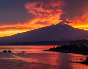 Fototapeta premium Dramatic sunset illuminates volcanic mountain over calm ocean with coastal views