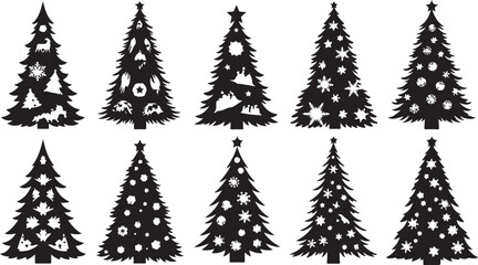 Obraz premium Christmas Trees Decorated with Ornaments and Lights Silhouette