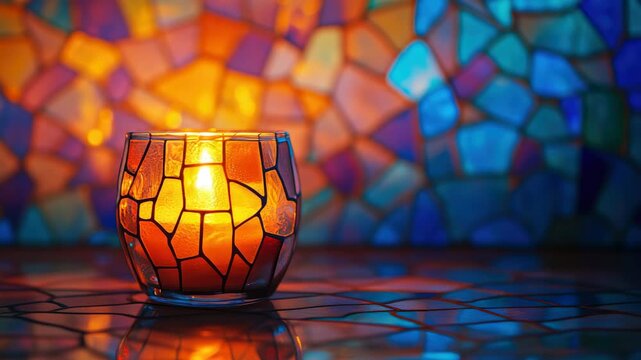 Mosaic-patterned candle holder illuminates with warm, glowing light