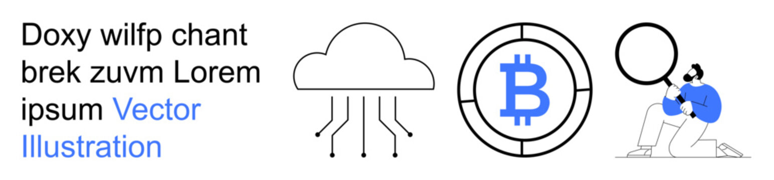 Cloud storage, cryptocurrency, blockchain, data analysis, financial technology, security. Visual components include a cloud, bitcoin symbol and a person analyzing with a magnifying glass. Blockchain