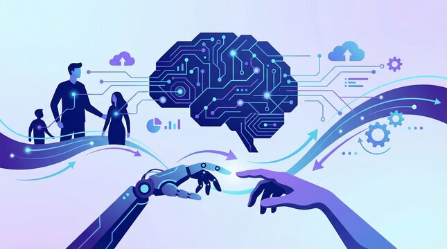 Artificial intelligence connection between human and robotic hand flat vector illustration