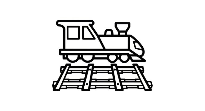 Black and white line drawing of a steam train on rails illustration