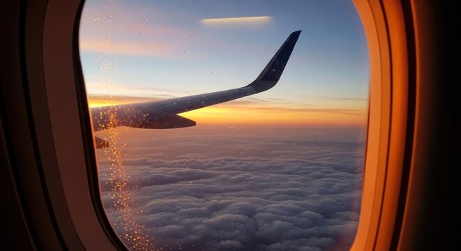 A view from an airplane window, showing the wing of the plane and the sky with clouds at sunset.