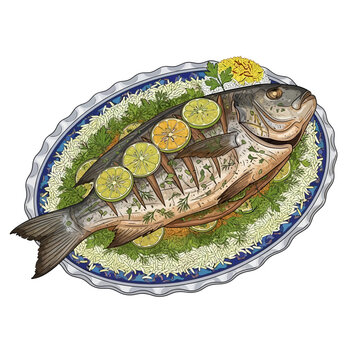 Whole roasted fish served on a decorative platter with lemon and orange slices, garnished with herbs.