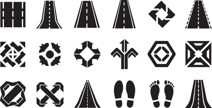 Road construction and safety icons in black and white