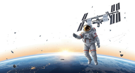 Astronaut floats in space near the International Space Station with Earth below during sunrise, surrounded by debris and stars