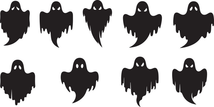 Black ghost silhouettes on white background halloween icons