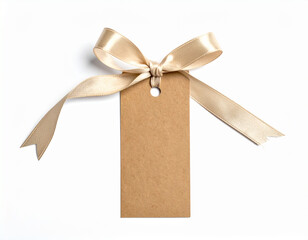 Fototapeta premium Brown paper gift tag with gold ribbon bow on white background, empty blank tag for messages, decorative accessory for gifting and wrapping