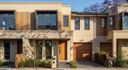 Obraz premium A modern, two-story townhouse with a beige exterior and wooden accents, featuring large windows and a garage door.