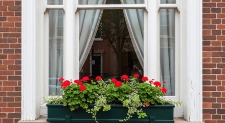 Fototapeta premium A red and green flower arrangement in a green planter box on a brick wall.