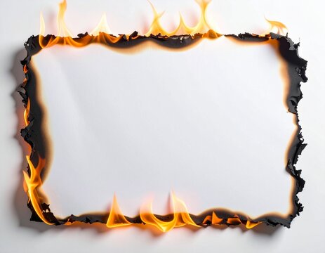 Burning paper frame with orange flame border and charred edges on white background