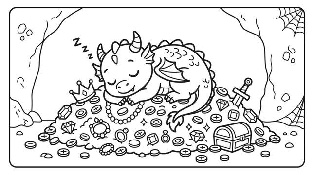 Sleeping dragon on treasure hoard coins.