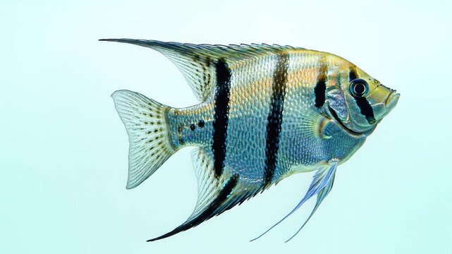 Striped angelfish swimming gracefully in clear blue water.