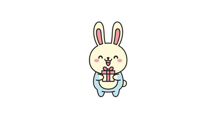 Obraz premium Cute cartoon bunny holding a small pink gift box with a bow.