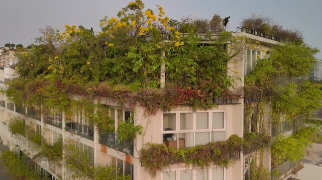 Overgrown modern luxury apartment in sunny early morning light. Camera orbits building exploding with abundant vegetation. Building is being taken over by plants.