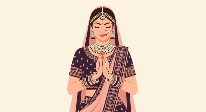 Indian Bride in Traditional Attire, Namaste Gesture, Wedding Celebration